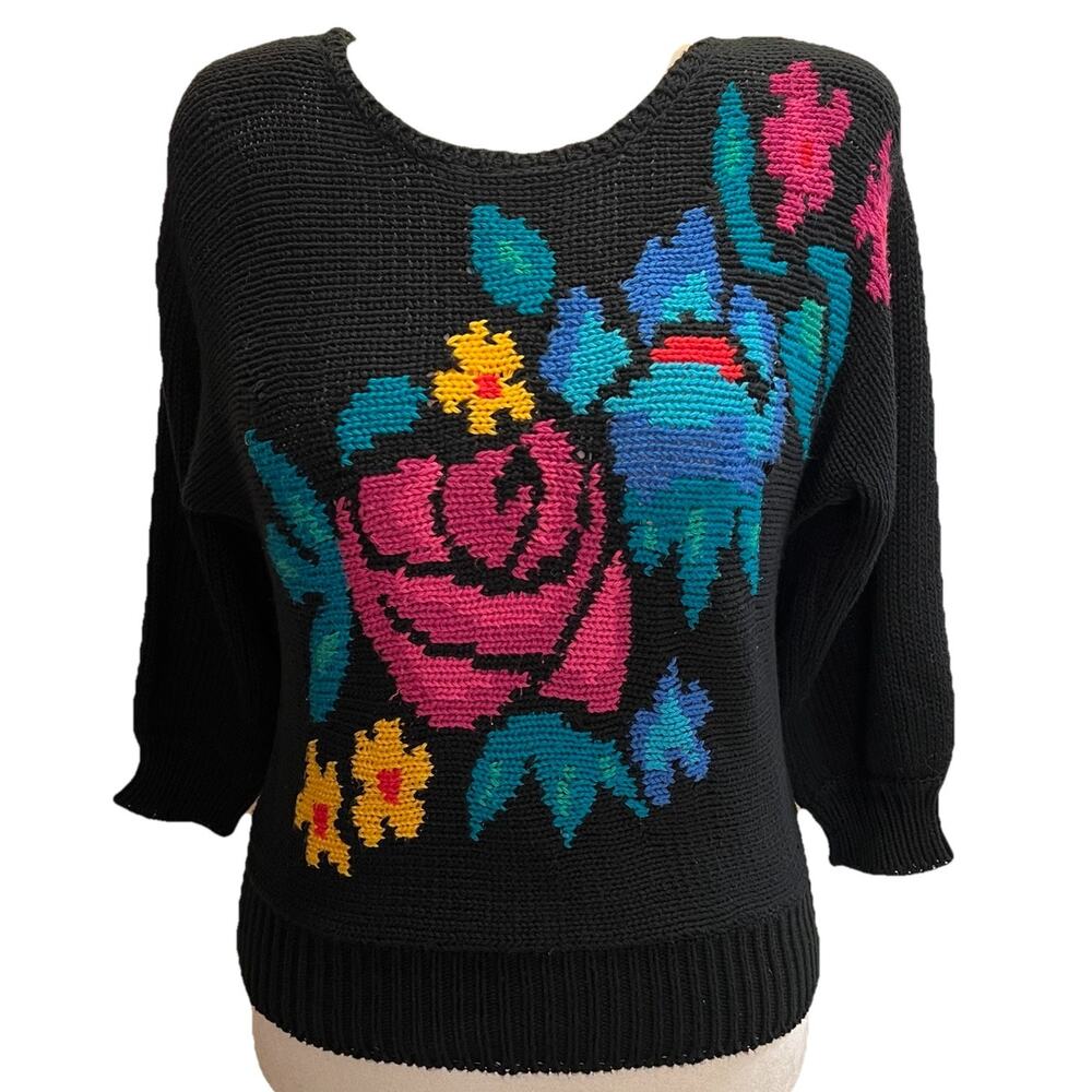 Jimmy Garcia NY Womens Sweater Vtg M Hand Loomed Black‎ Floral Shoulder Pads 80s